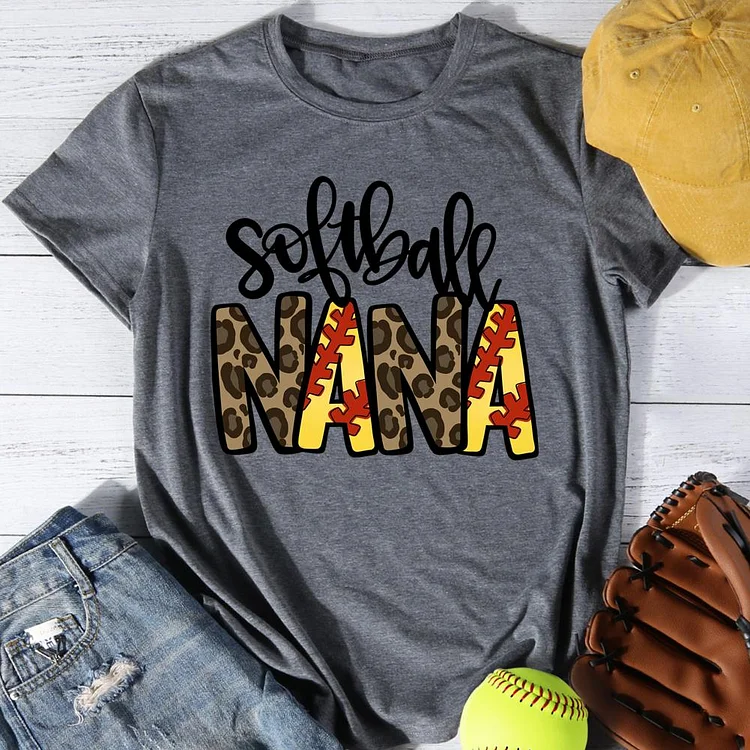 Softball Nana Leopard Round Neck T-shirt-Annaletters