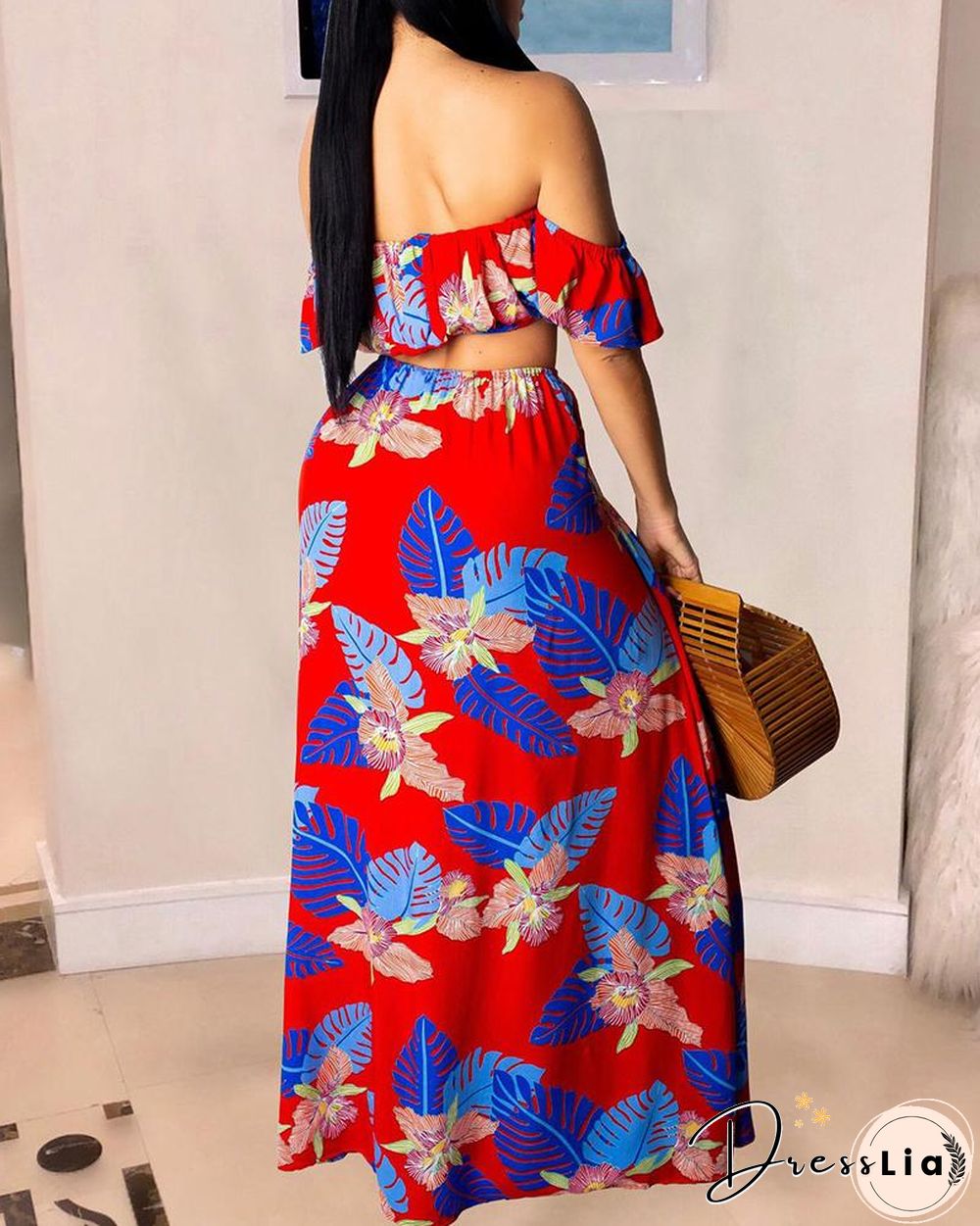 Off Shoulder Tropical Print Crop Top & High Slit Maxi Skirt Set