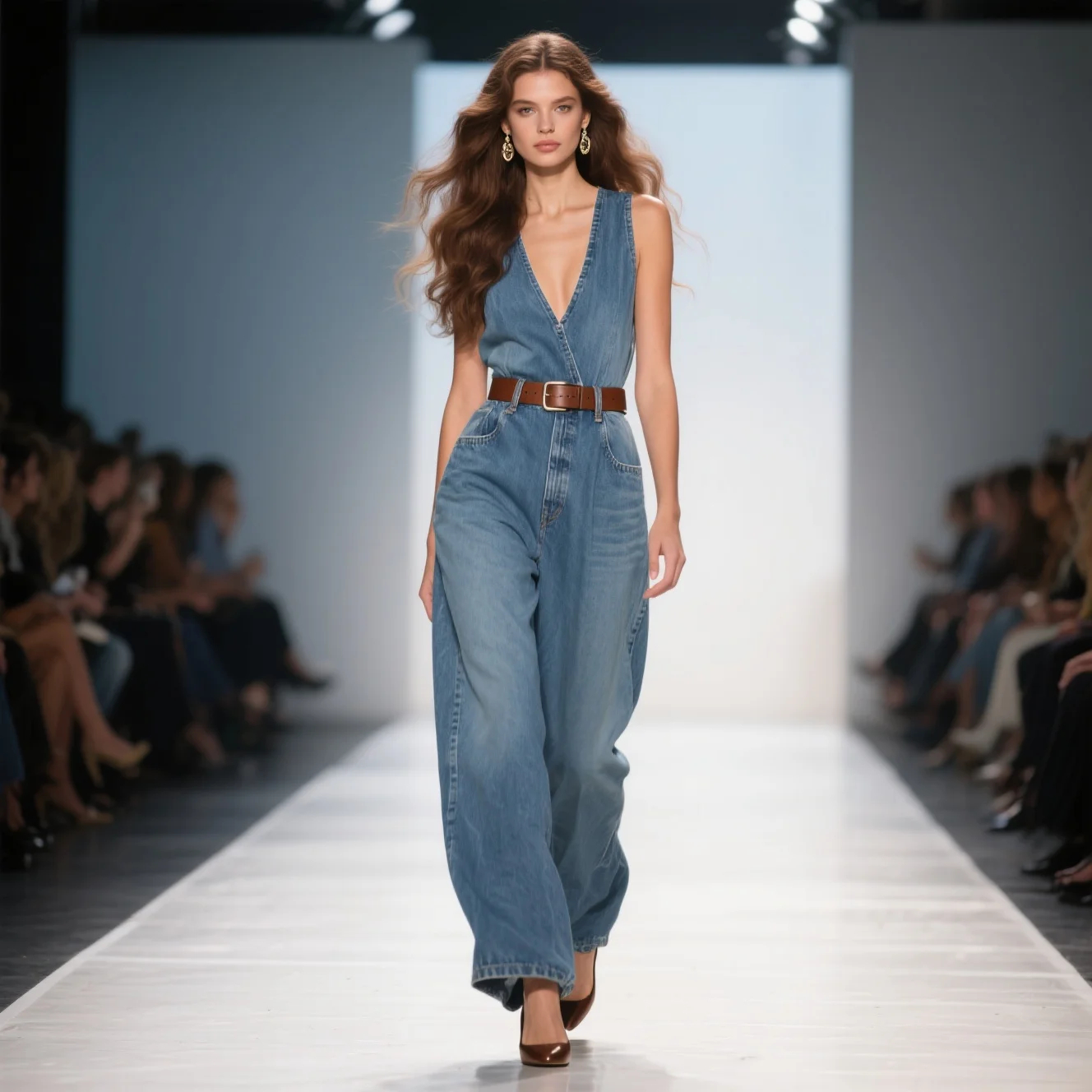 Women's Fashion Elegant Deep V Neck Sleeveless High Waist Denim Jumpsuit