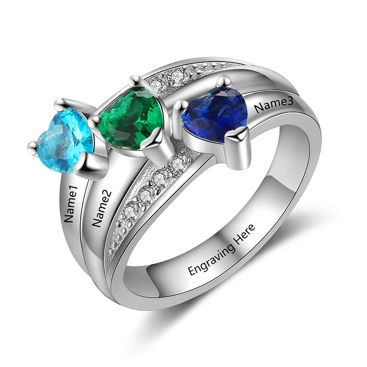 Personalized Mother Ring with 3 Birthstones 3 Names Engraved Family Ring Custom Gift For Mother's Day