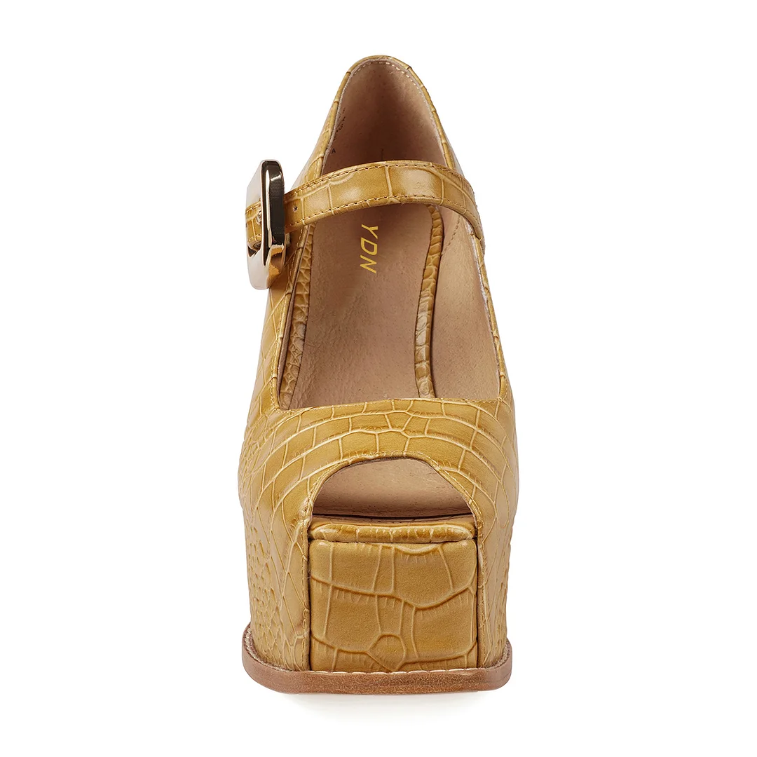 Brown Vegan Leather Python Platform Peep Toe Pumps with Wedge Heel