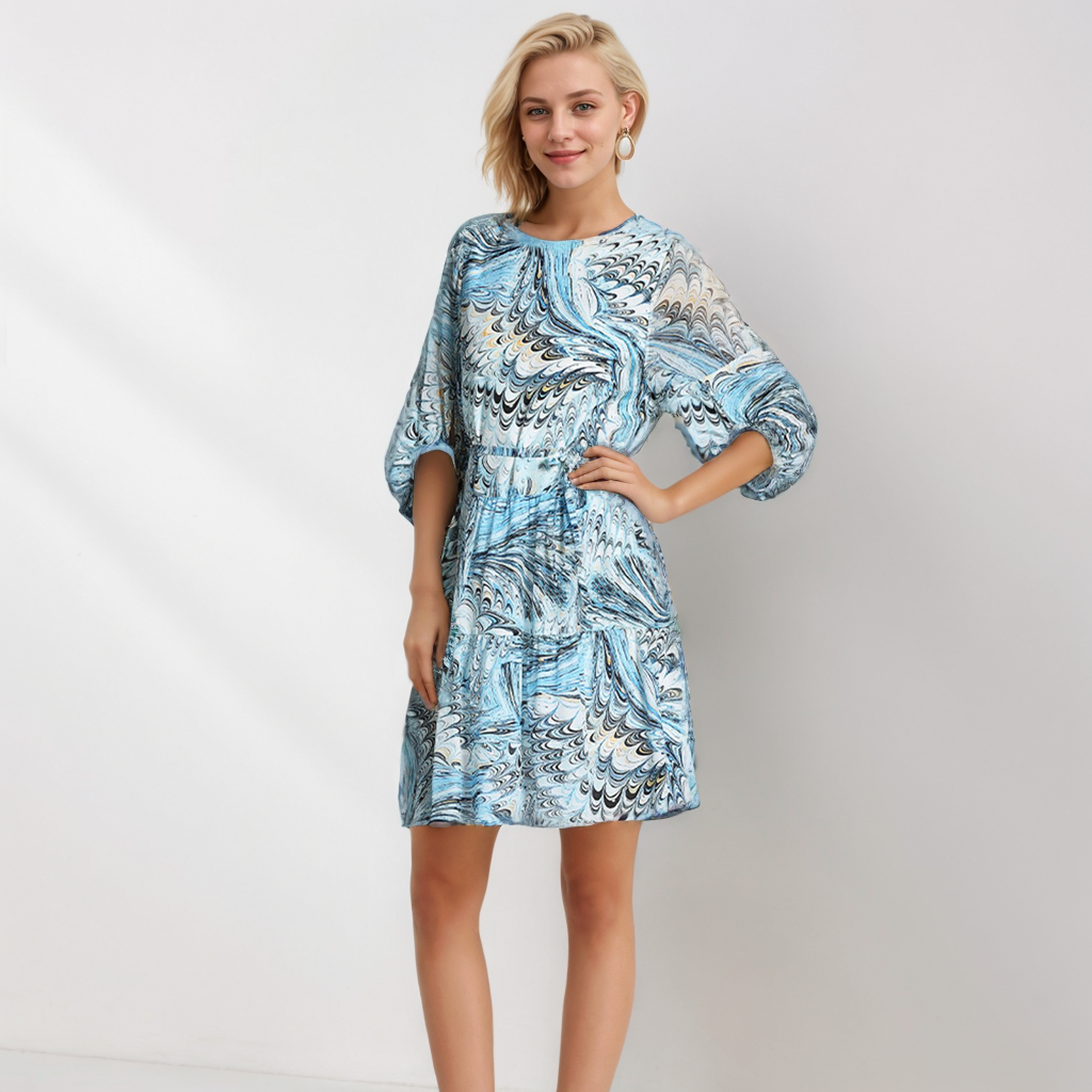 Silk Shirt Dress Puff Sleeves Vacation Style REAL SILK LIFE