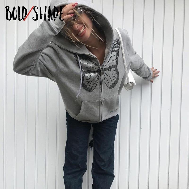 Bold Shade Grunge Fashion 90s Sweatshirt Grey Butterfly Printed Zip Up Hoodies Streetwear Fashion Sweatshirts Fall Winter Women