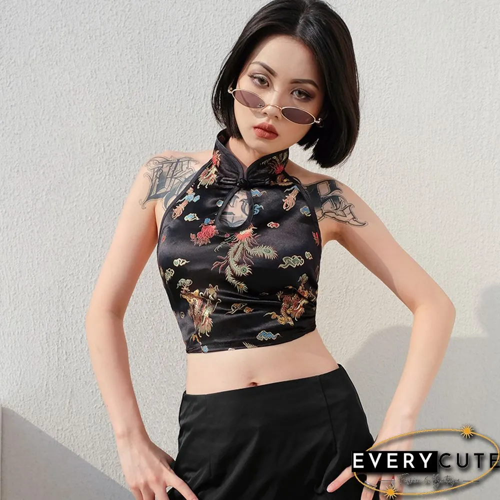 Women Sexy Vintage Halter Hollow Out Crop Top Summer Chinese Style Dragon Embroidery Sleeveless Backless Lace-Up Vest Streetwear