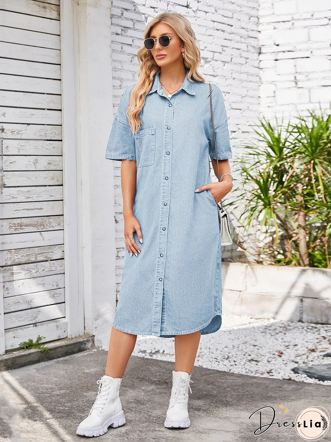 Button Up Dropped Shoulder Denim Dress