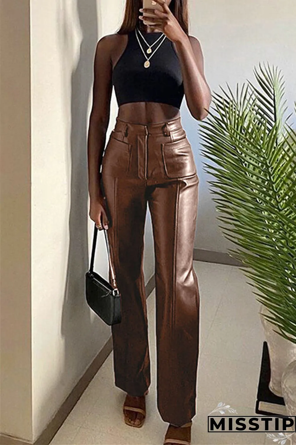 Black Fashion Casual Solid Patchwork Regular High Waist Trousers