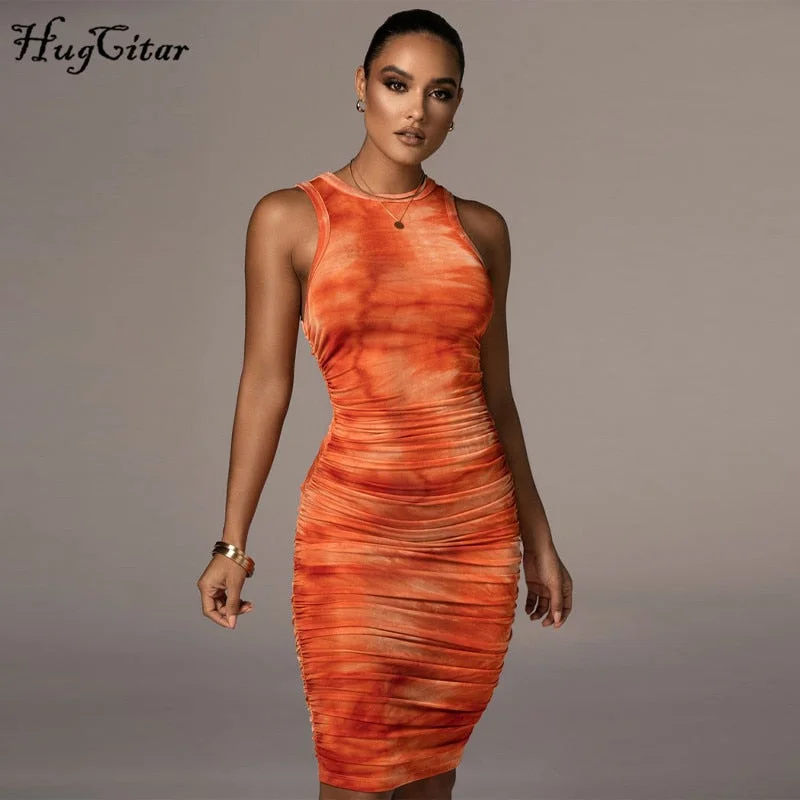 Hugcitar 2020 Sleeveless Tie Dye Ruched Skinny Midi Dress Autumn Winter Women Fashion Sexy Party Club Elegant Clothings