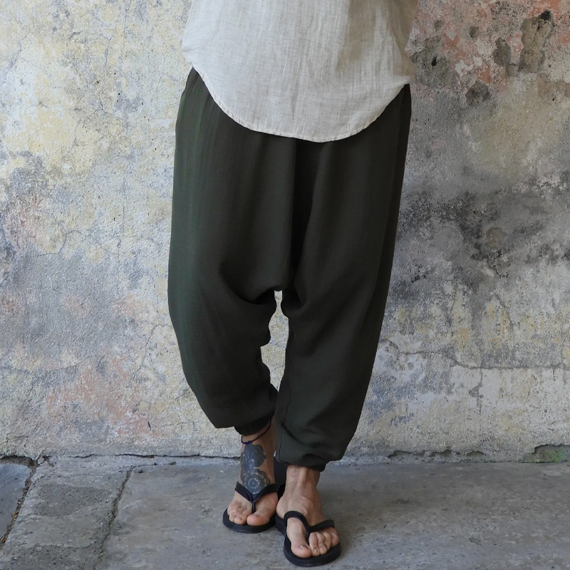 Men's Loose Organic Gauze Cotton Dark Green Harem Pants