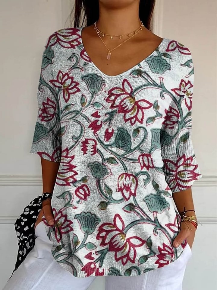 Women's Vintage Lovely Floral Art Print Casual Pullover Knit