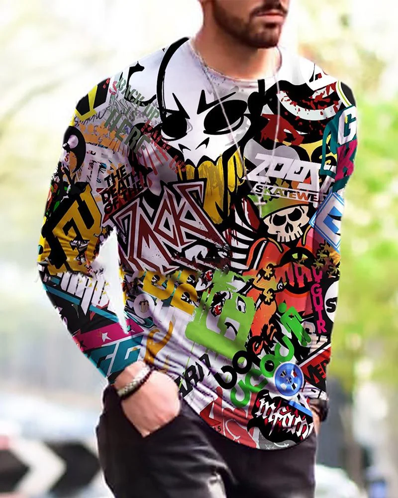 men's cartoon graffiti printed long-sleeved T-shirt