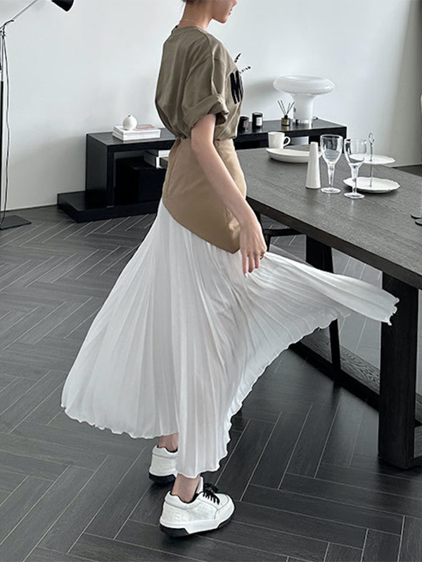 Temperamrnt Coffee Contrast Color Pleated Split-Joint A-Line Skirt