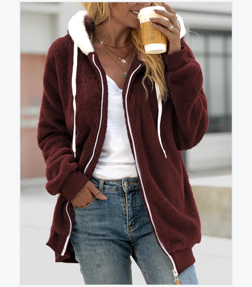 thdmladies Women's loose plush zipper hooded jacket thedmladies
