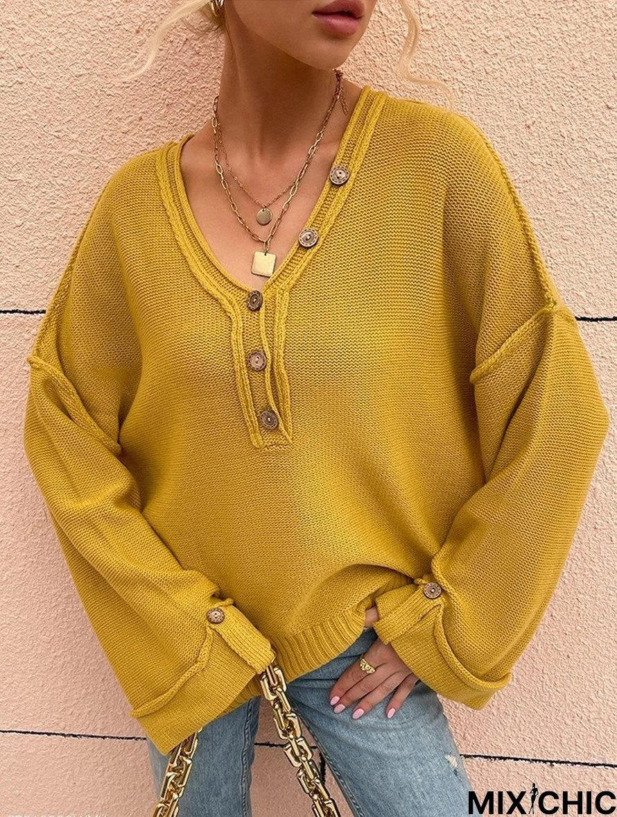 Autumn and Winter Buttons V-Neck Solid Color Pullover Sweater