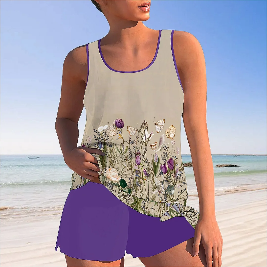 Bowknot Apricot,Floral,Colorful Mid Waisted Tankini Set - Plus Size Available