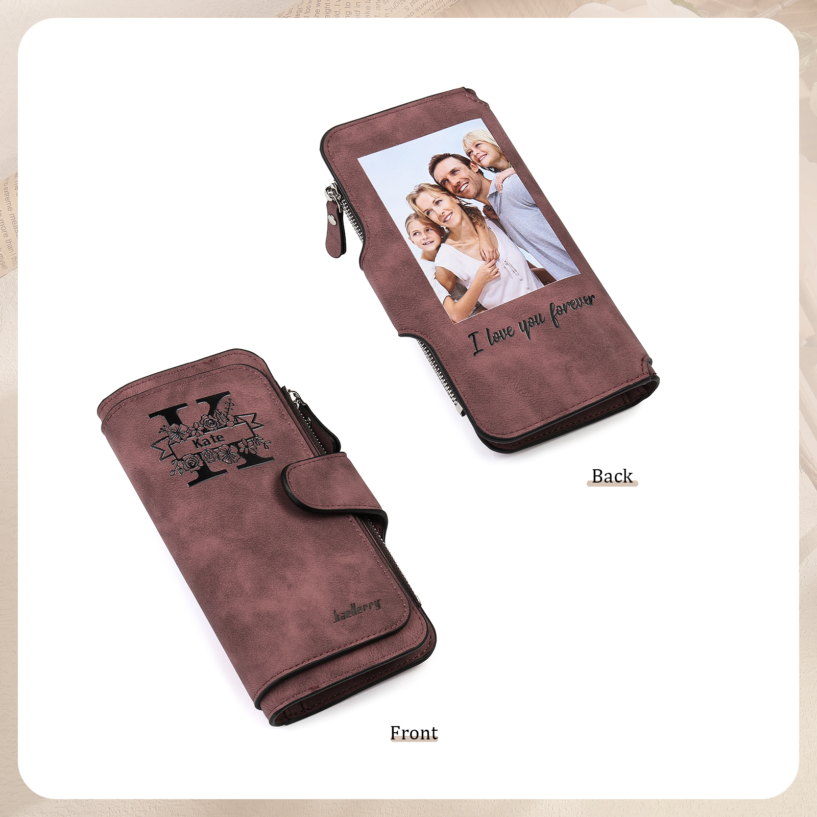 Portafoglio in PU pelle con 1 letetra & 1 testo & 1 nome & 1 foto personalizzati per mamma/nonna