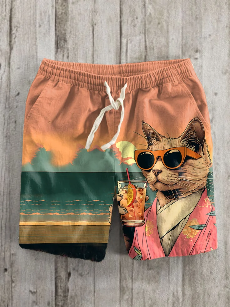 Men's Cool Kimono Cat Drinking Vacation Art Print Casual Shorts