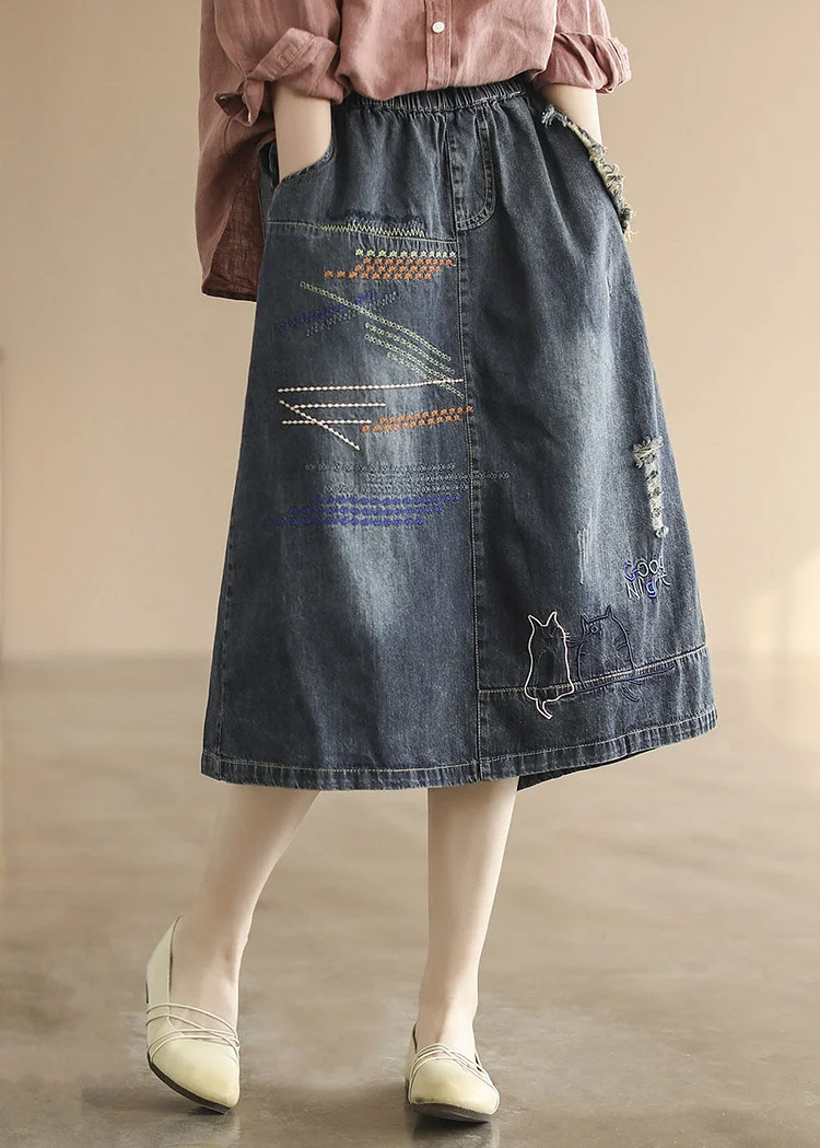 Dark Blue Elastic Waist Embroideried Cotton Denim Ripped Skirts Cozy