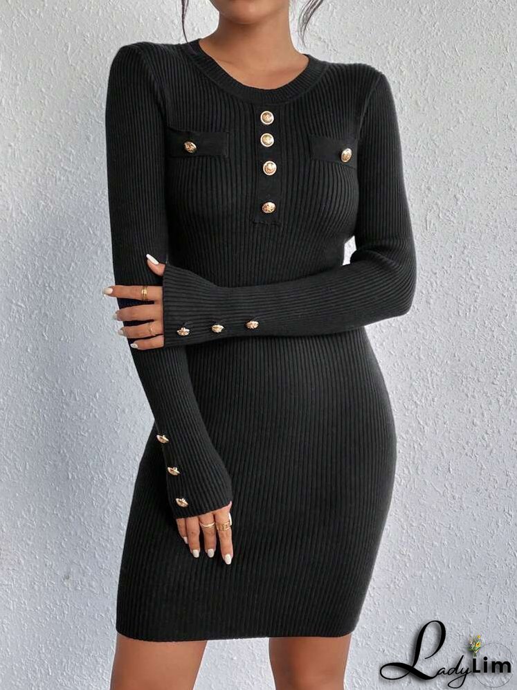 Button Detail Ribbed Knit Bodycon Sweater Dress
