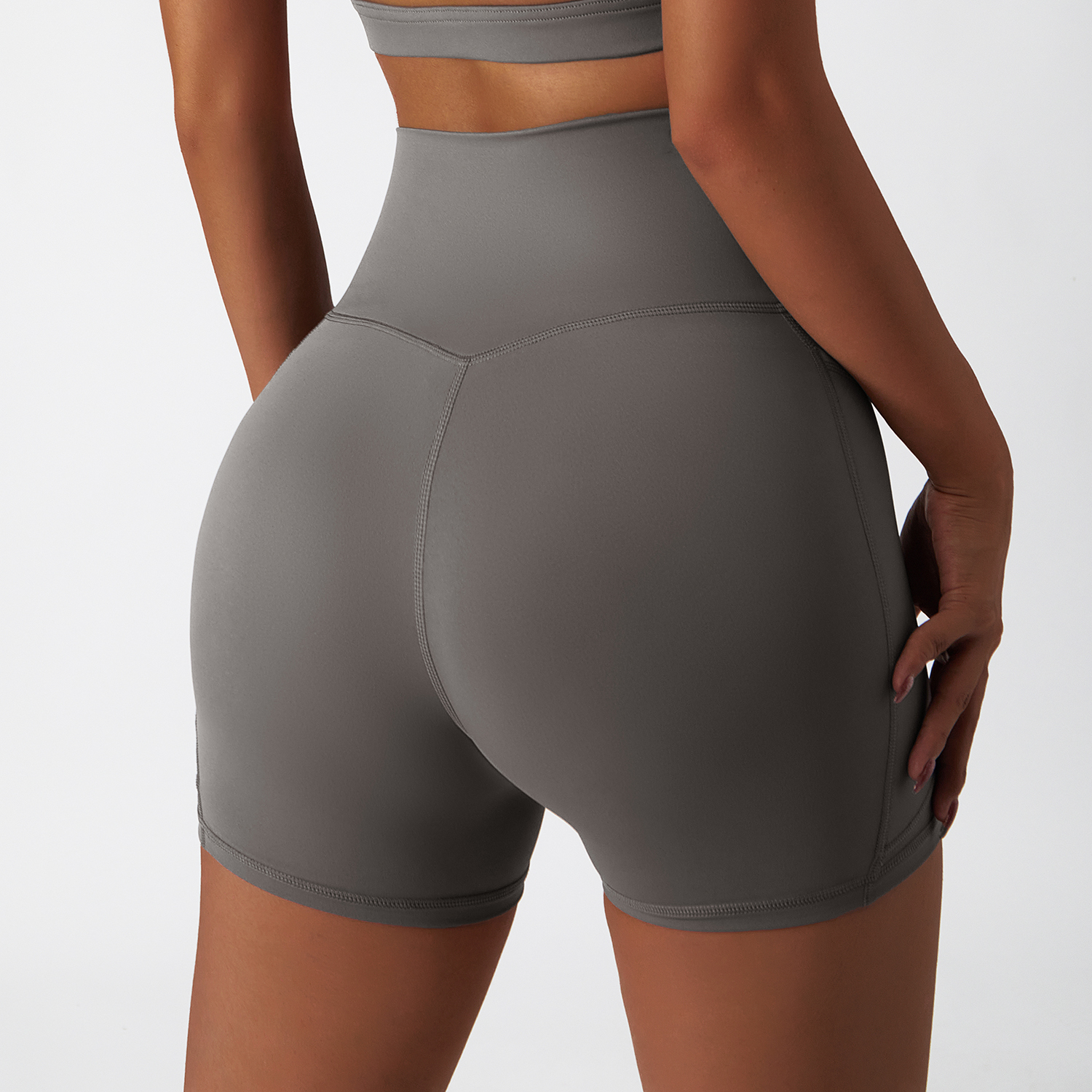 Hergymclothing Gray high rise no camel toe squat proof tummy control comfort lightweight buttery soft thin opaque fitness gym shorts for sale