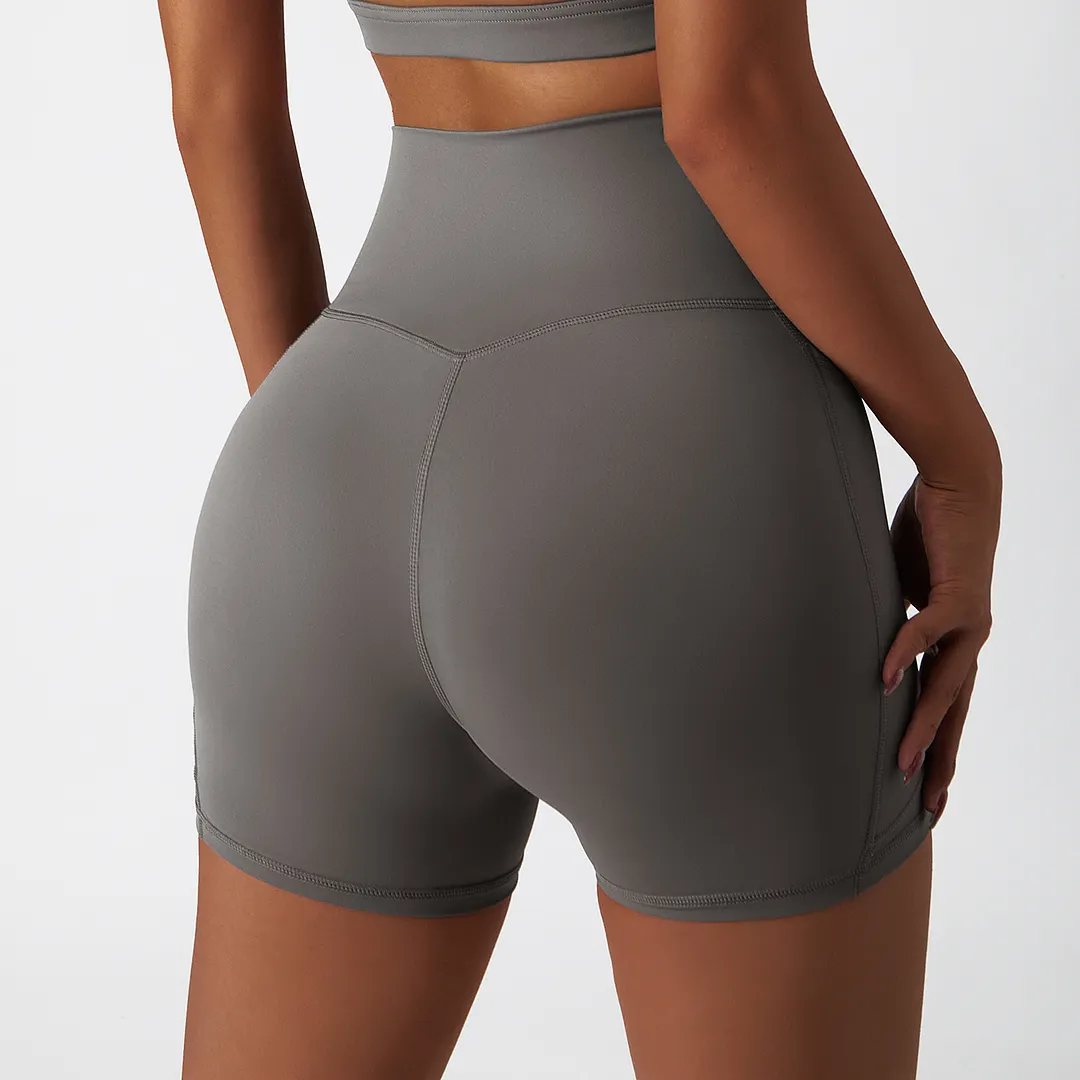 Hergymclothing Gray high rise no camel toe squat proof tummy control comfort lightweight buttery soft thin opaque fitness gym shorts for sale