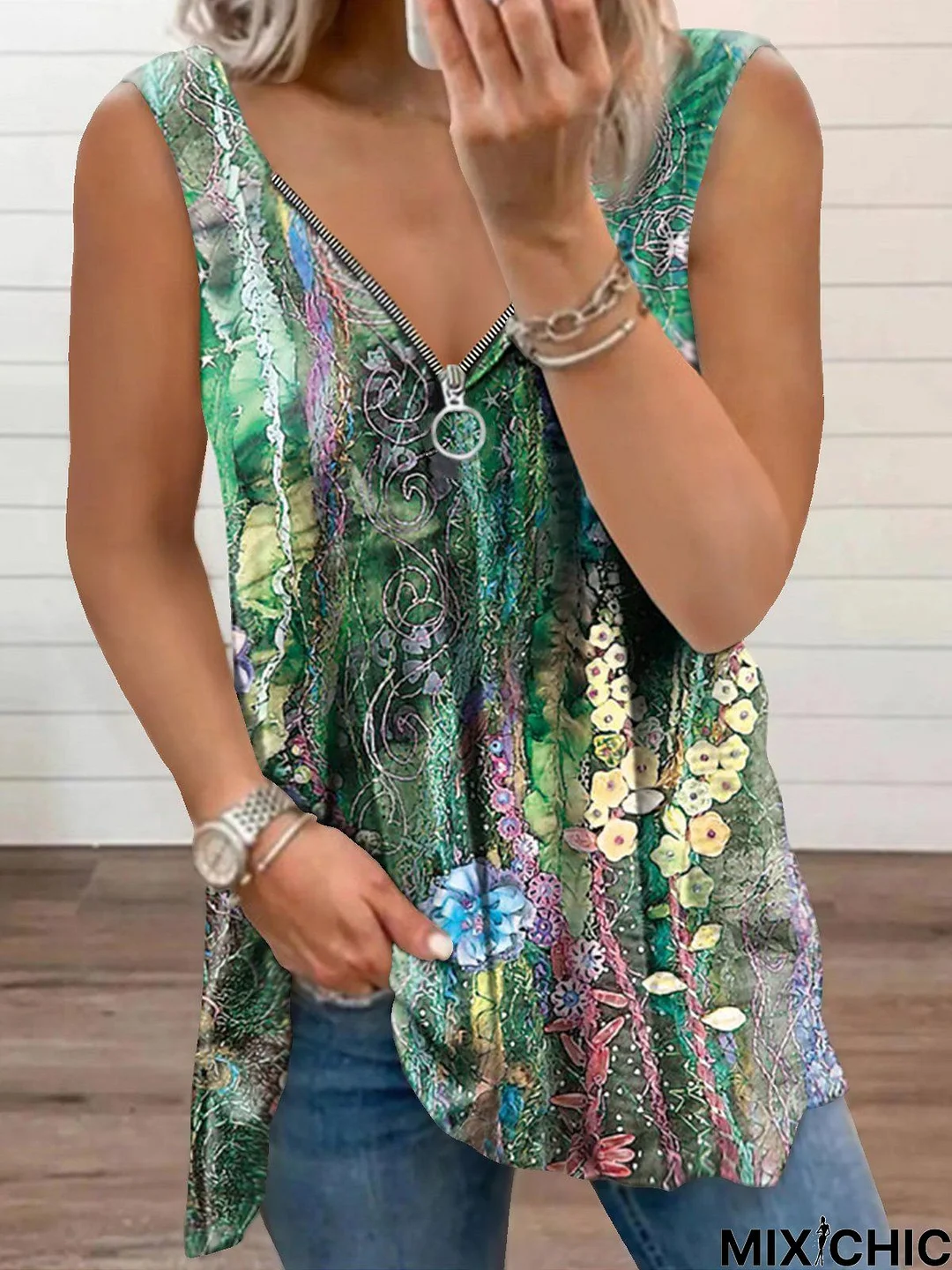 V Neck Loose Floral Tunic Tank & Cami