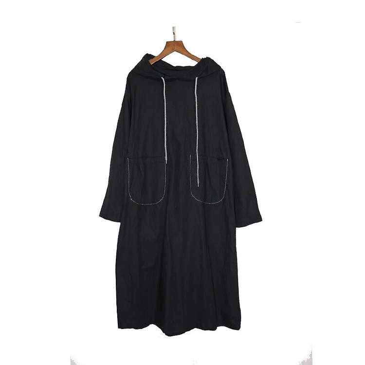 Simple Loose Solid Color Hooded Drawstring Pockets Long Sleeve Dress