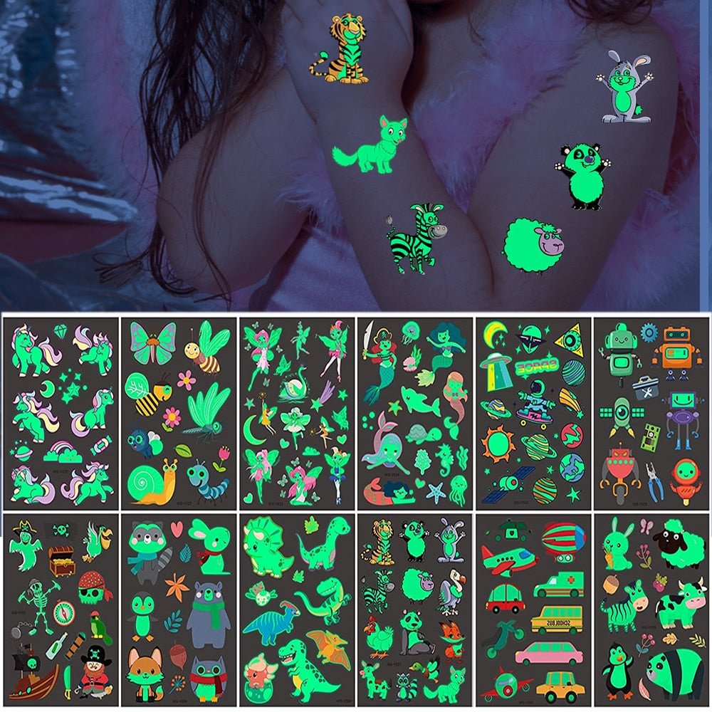 10pcs/Lot Luminous Night Children Temporary Fake Tattoos Dark In Glow Animal Cartoon Car Fairy Mermaid Space Tiger Kids Sticker