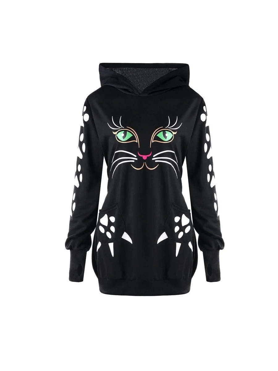 Women's Hoodies Cartoon Printed Pullover Long Sleeve Pockets Plus Size Tops