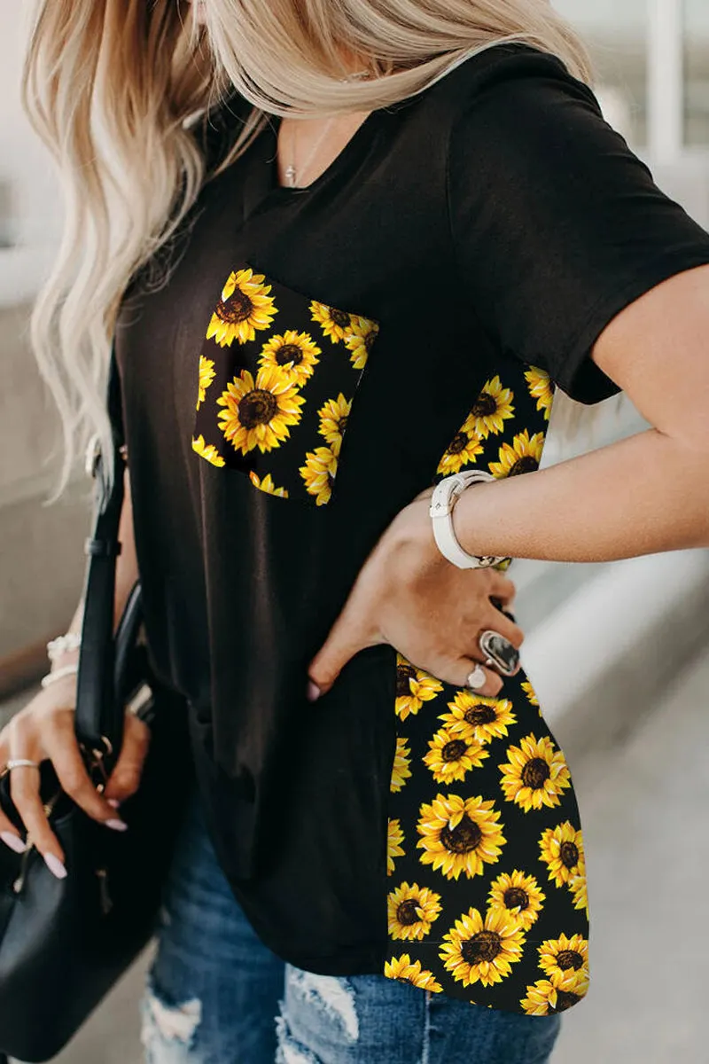 Printed Irregular V-Neck Pocket T-Shirt