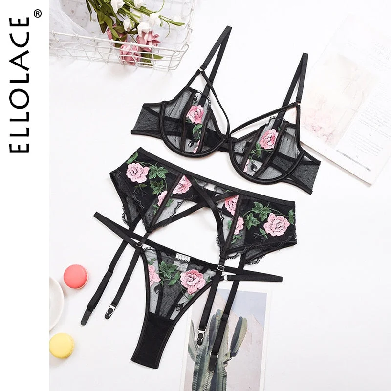 Ellolace Lingeie Women's Underwear Floral Embroidery Transparent Bralette Lingerie Set Sexy Female Underwear for Women Bra Set