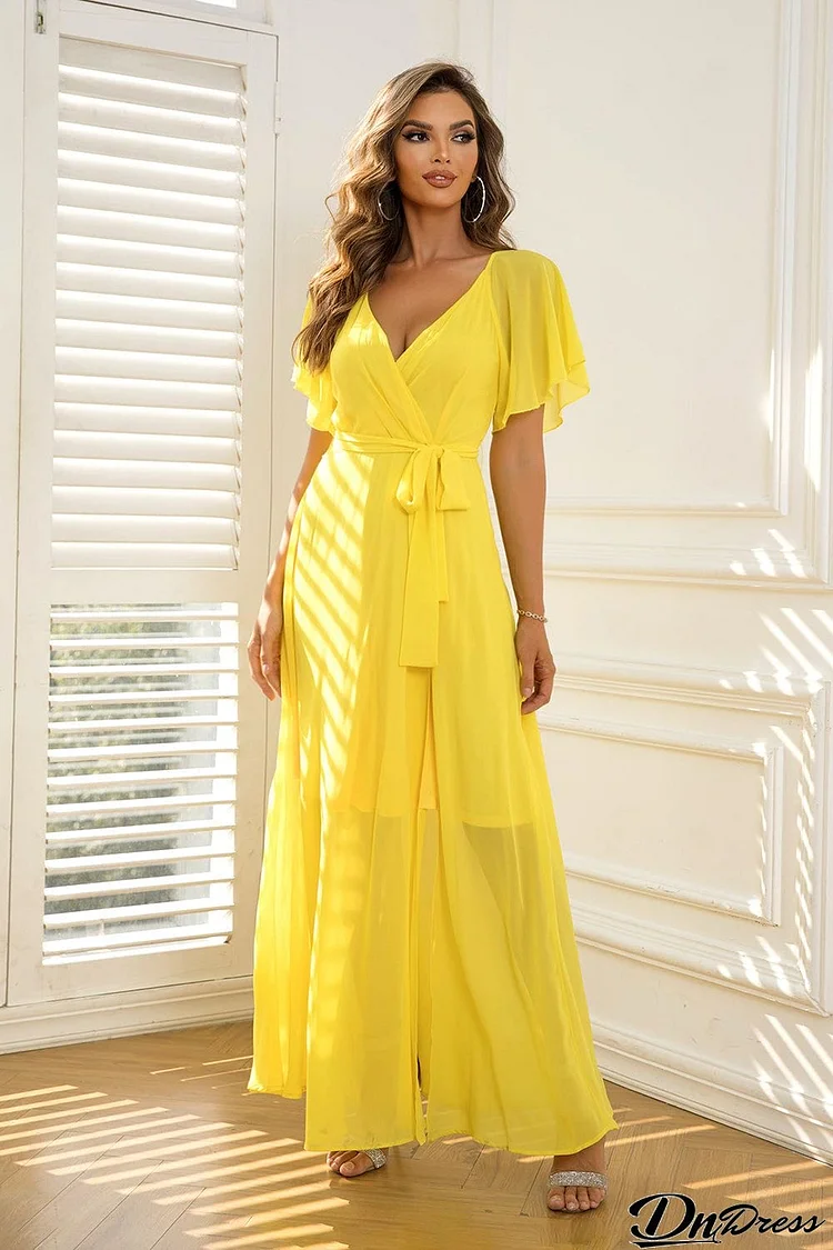 Tie Waist Flutter Sleeve Maxi Dress