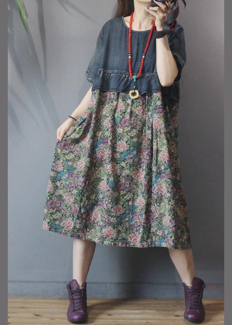 VCSHOES Loose Blue Patchwork  Print Loose Summer Holiday Dress