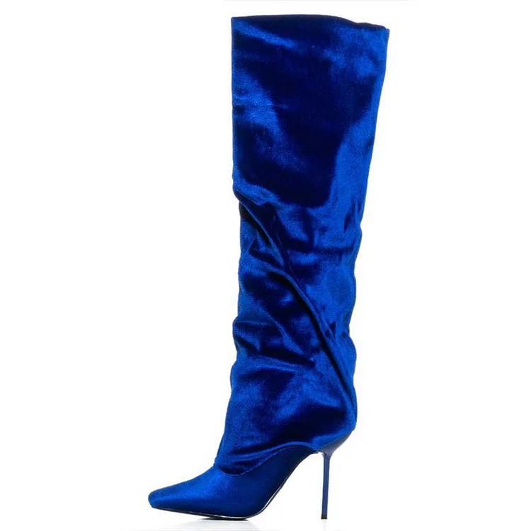 Royal Blue Velvet Square Toe Knee Stiletto Heel Slouch Boots |FSJ Shoes