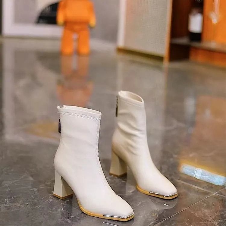 Yyvonne High-Heeling Short-Skinned Women In The Autumn And Winter Of 2025 New British Square Head Rough And Martin Boots After Zipper Thin Fashion Boots