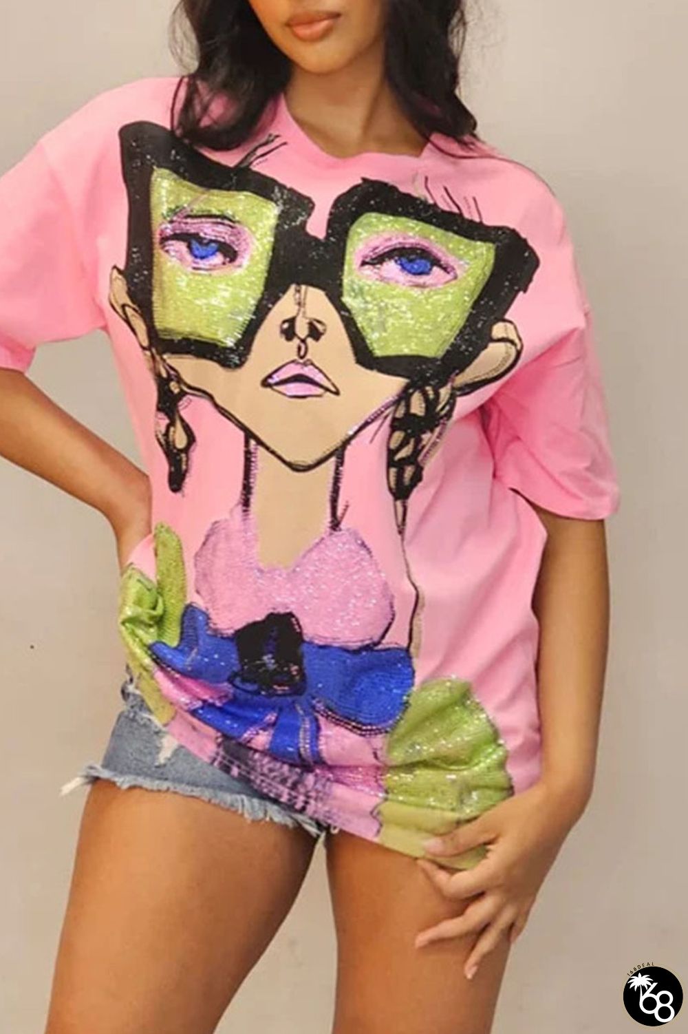 Pink Casual Street Print Patchwork Hot Drill O Neck T-Shirts | 168DEAL