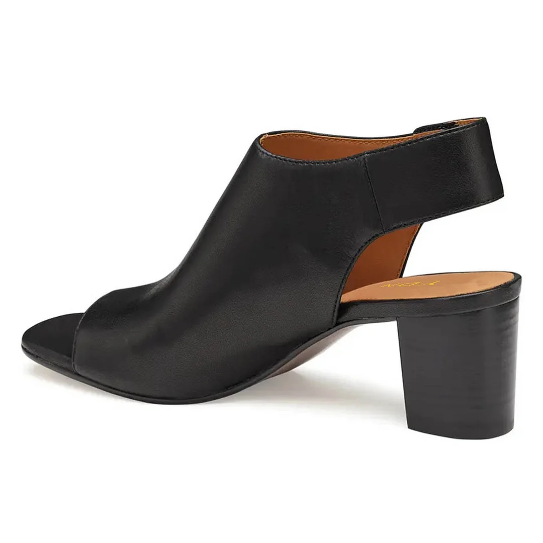 Black Vegan Leather Open Toe Chunky Heel Slingback Women's Sandals