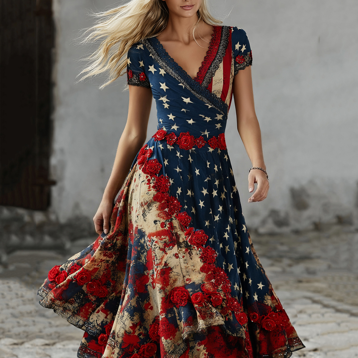  Women's Floral Independence Day Flag Art Print Maxi Dress Westsshops