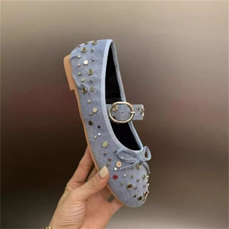 VCshoes Butterfly-knot Shoes For Ladies Round Toe Women’s Front Strap Shallow Low Heels Rivets Chassure Denim Femme Buckle Zapatos Mujer
