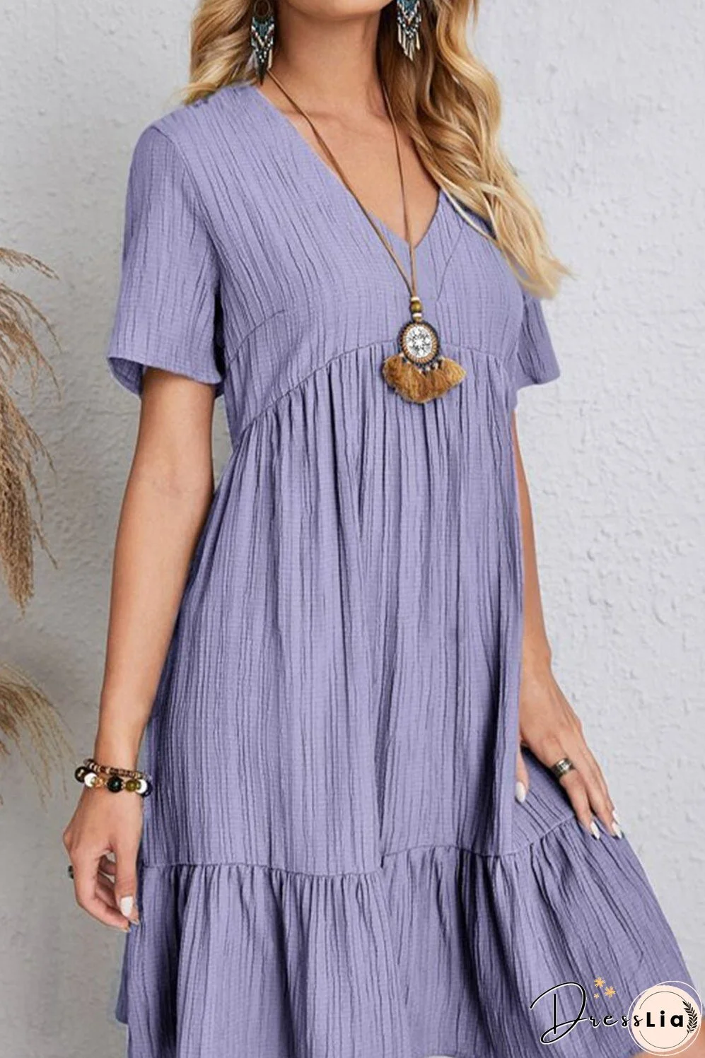 Full Size Ruched V-Neck Short Sleeve Dress