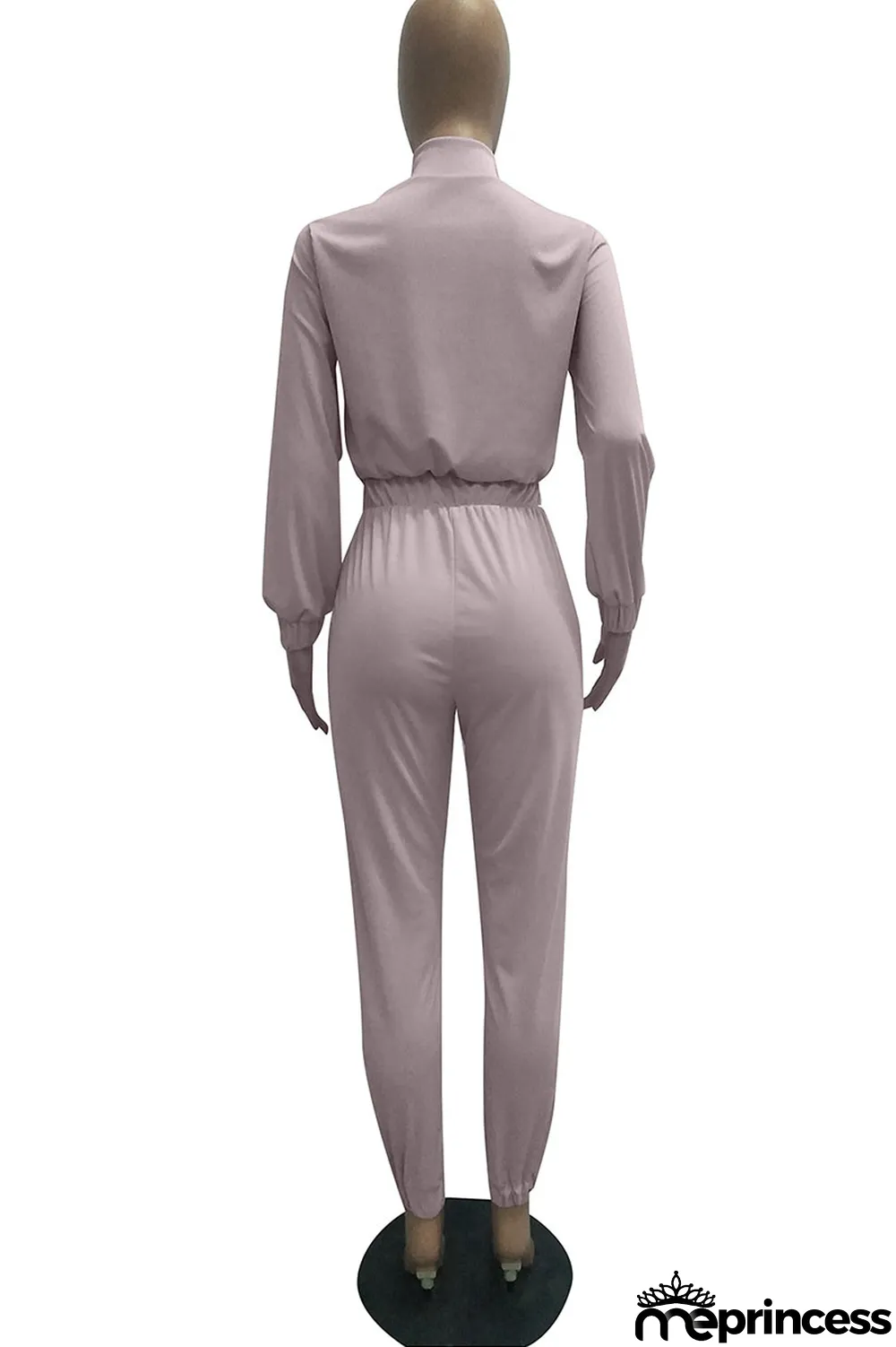 Apricot Fashion Polyester Solid Zipper Collar Jumpsuits