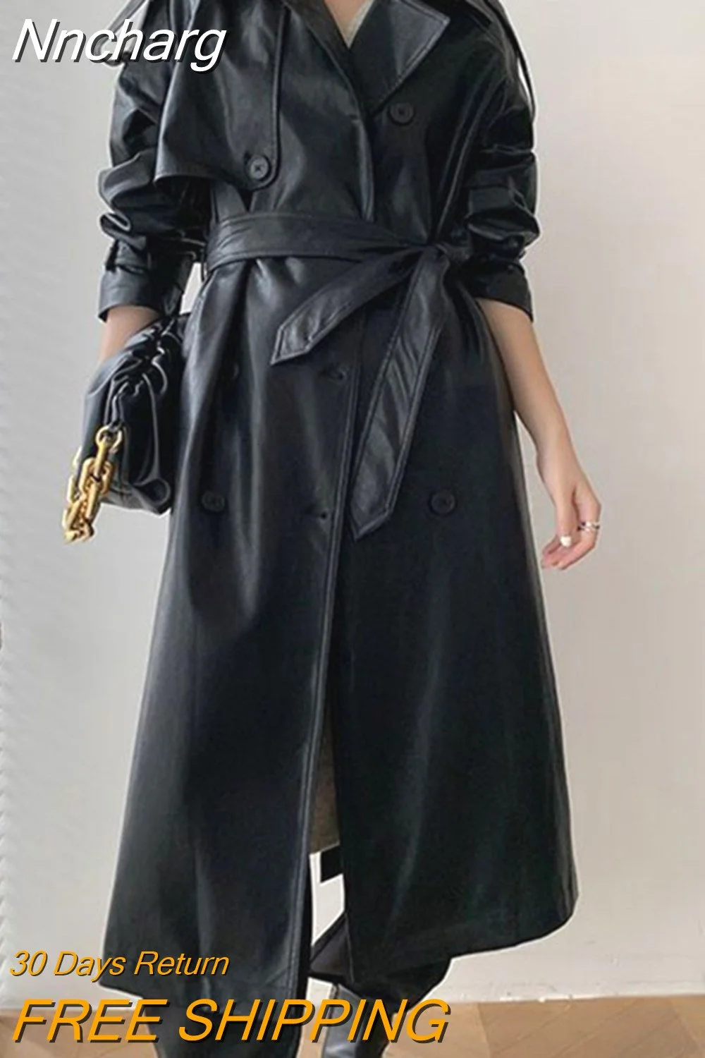 Nncharge Women Long Jacket Oversized Faux Leather Korean Fashion Coat Lapel Loose Office Lady Streetwear Double Breasted Tops