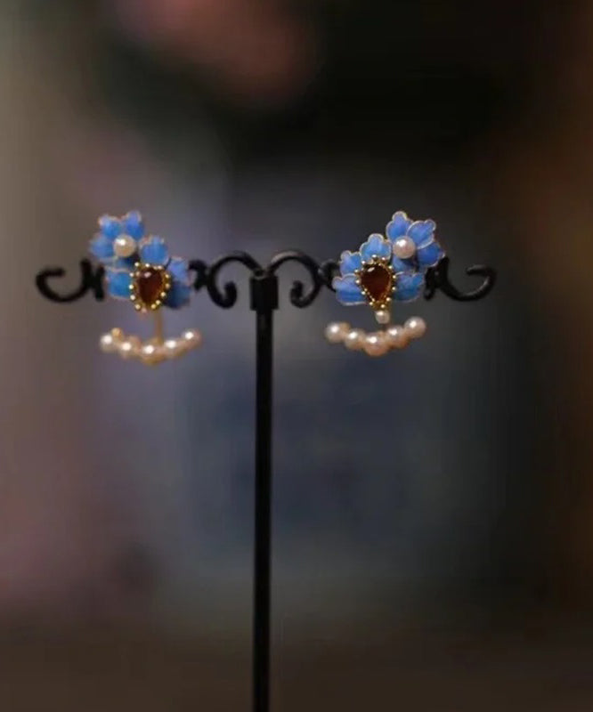 VCSHOES Blue Sterling Silver Overgild Gem Stone Pearl Enameling Floral Tassel Stud Earrings