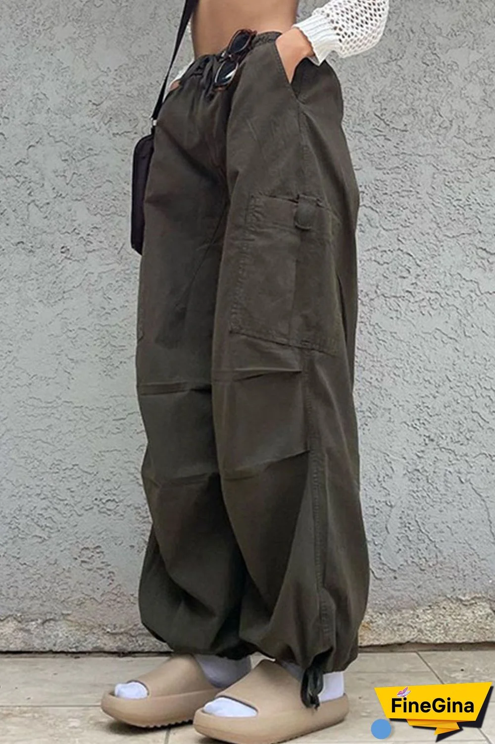 Brown Casual Street Solid Patchwork Pocket Loose Low Waist Wide Leg Solid Color Bottoms