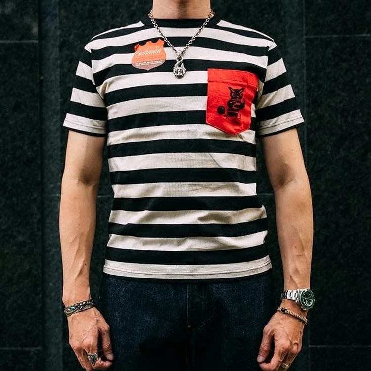 American Retro Prisoner Style Black And White Striped Short Sleeve T-shirt