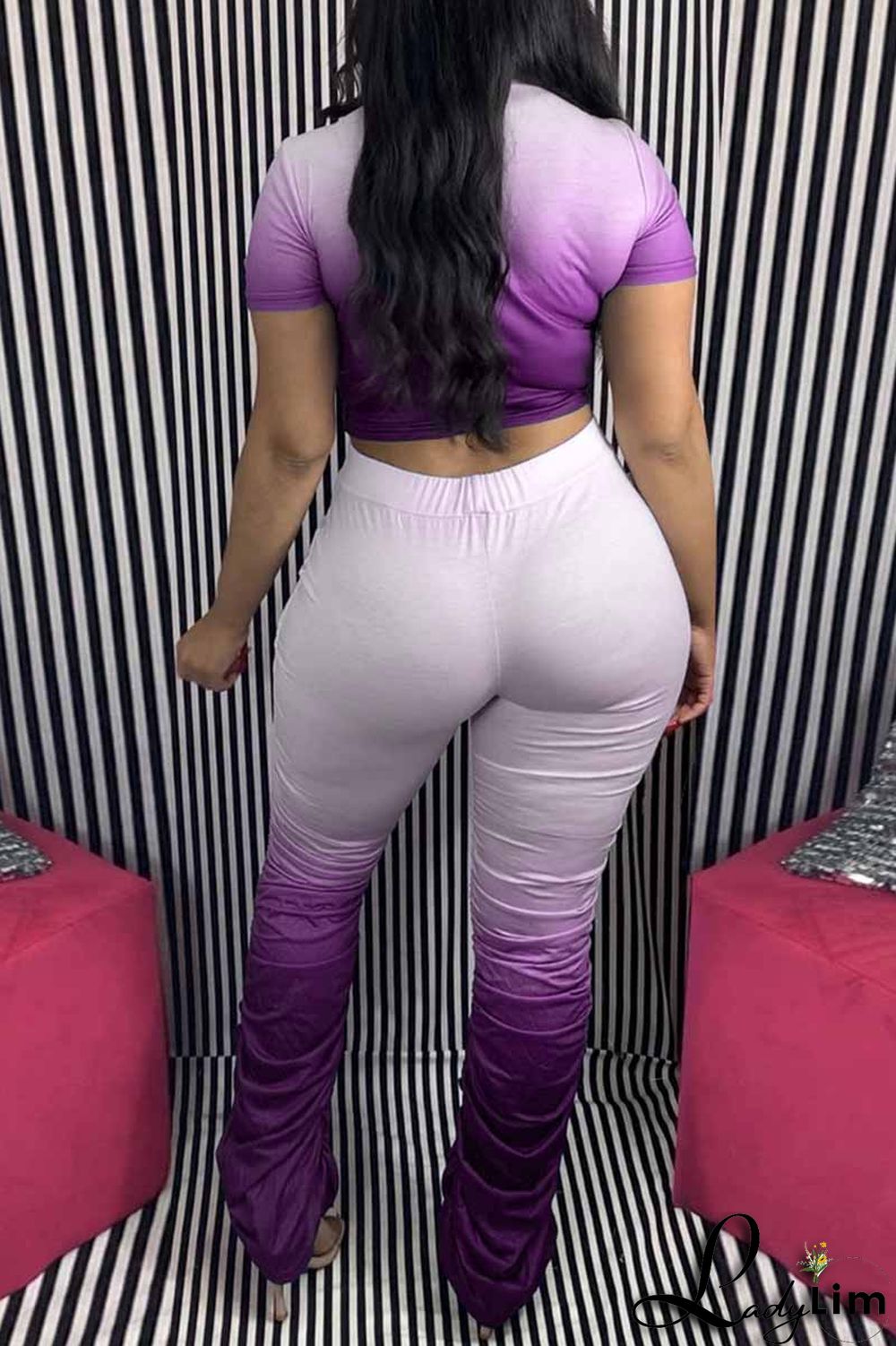 Purple Fashion Casual Gradual Change Letter Print Fold O Neck Short Sleeve Two Pieces