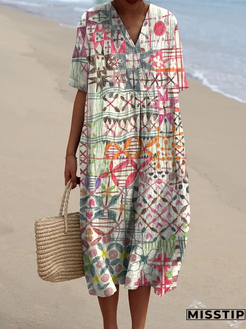 Women's Vintage Abstract Painting Art Print Flowy Dress