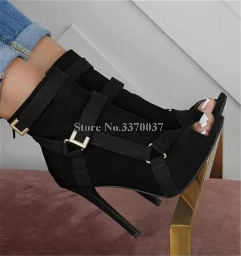 VCSHOES Peep Toe Stieltto Heel Metal Buckle Short Gladiator Boots Nude Black Army Green High Heel Ankle Booties Heels