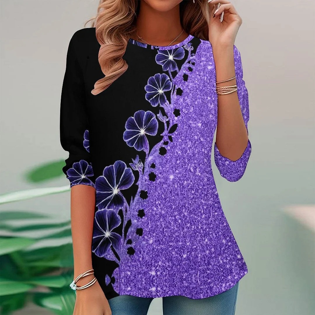 Vintage Printed Long Sleeve Plus Size Tunic for  Women and Men Unisex Pattern Purple,Floral,Glitter