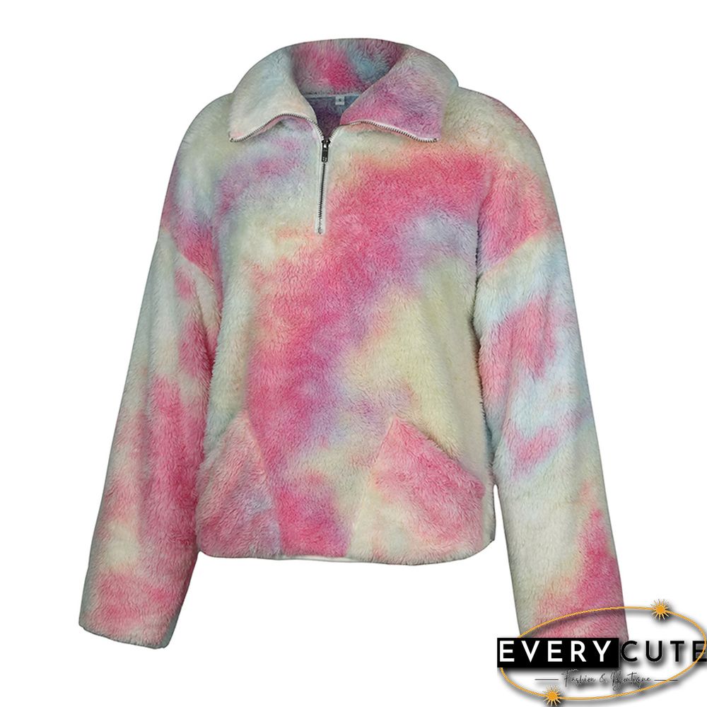 Multicolor Tie Dye Print Zip Neck Plush Sweatshirt