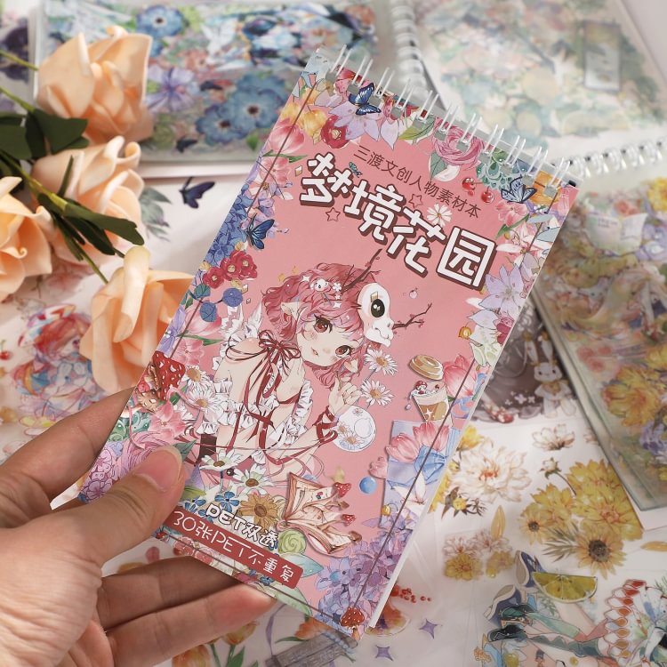 JOURNALSAY 30Pcs Cartoon Girls DIY Journal Decoration PET Sticker Book Cute Flowers